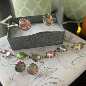 Stainless steel  matching bracelets and earring set.  Boho floral